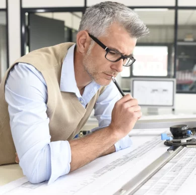 Mann mit schwarzer Brille und Hemd mit Pullunder steht nachdenkend vor einem Bauplan in einem modernen Büro