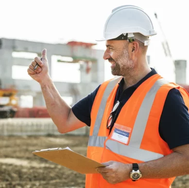 Bauleiter auf einer Baustelle mit orangefarbener Warnweste und Schutzhelm zeigt Daumen hoch, im Hintergrund Rohbau eines Gebäudes und Baukräne