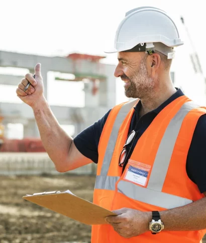 kanzlei-zeindl-partner-steuerberater-branchen-immobilienwirtschaft Bauleiter auf einer Baustelle mit orangefarbener Warnweste und Schutzhelm zeigt Daumen hoch, im Hintergrund Rohbau eines Gebäudes und Baukräne