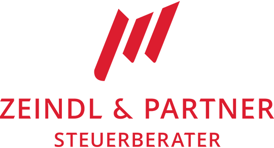 Logo der Steuerkanzlei Zeindl & Partner: Drei rote, schräge Balken über dem Schriftzug ‚ZEINDL & PARTNER STEUERBERATER‘ in roten Großbuchstaben auf transparentem Hintergrund