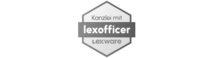 Logo von Lexoffice und Lexware: Sechseckige Plakette mit der Aufschrift ‚Kanzlei mit lexoffice Lexware‘