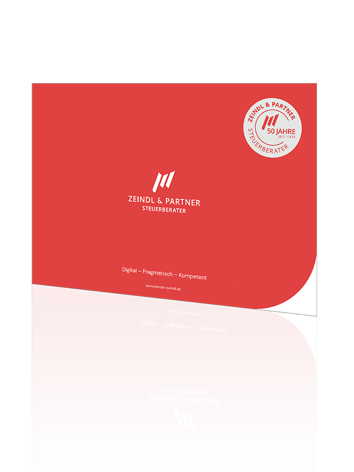 Rotes Cover der Imagebroschüre von Zeindl & Partner Steuerberater mit weißem Logo und Slogan ‚Digital – Pragmatisch – Kompetent‘ sowie Jubiläums-Siegel ‚50 Jahre – Seit 1975‘.