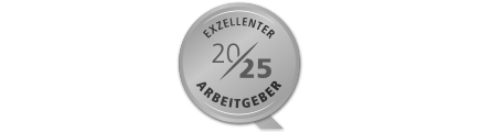 „Gütesiegel mit der Aufschrift ‚Exzellenter Arbeitgeber 2025‘, gestaltet als runde Plakette