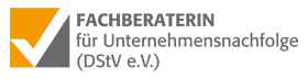 Logo mit einem orange-grauen Häkchen und der Aufschrift ‚Fachberaterin für Unternehmensnachfolge (DStV e.V.)