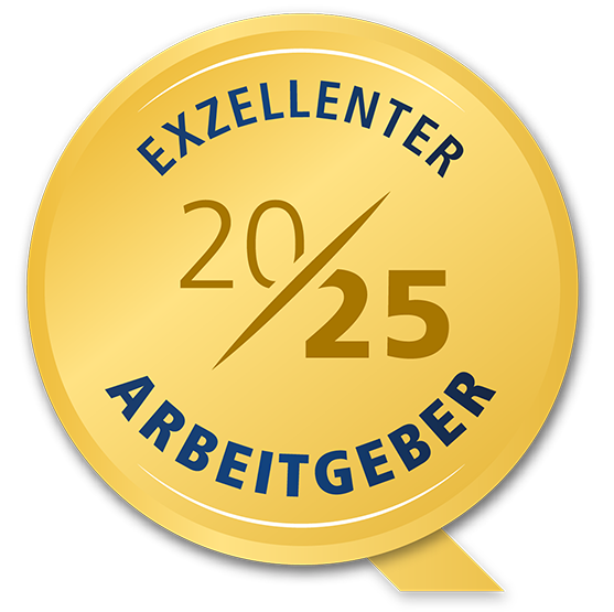 „Gütesiegel mit der Aufschrift ‚Exzellenter Arbeitgeber 2025‘, gestaltet als runde Plakette