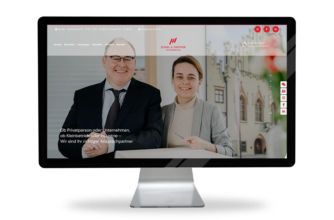 Startseite der Website "Zeindl & Partner Steuerberater" auf einem Monitor